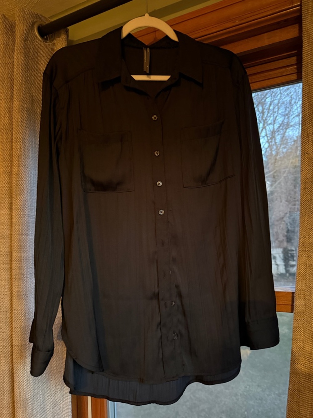 Anthropologie Black Satin Collared Button Blouse